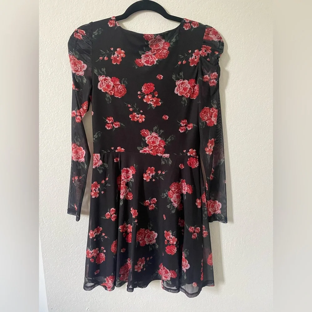 Mesh Long sleeve Mini Dress Black with Red Roses Used twice Excellent condition - Picture 3 of 4